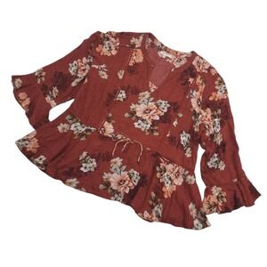 Maurices Womens Floral Peplum Blouse Sz Large Burgundy Rayon Boho Flowy Top EUC
